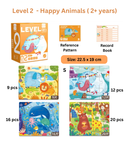 Progressive Level 2 – Happy Animals final Progressive Wooden Puzzle (7 Levels - 13 Themes) (From 1+ till 7+ years)