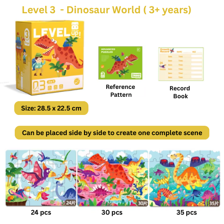 progressive Level 3 – Dinosaur World final Progressive Wooden Puzzle (7 Levels - 13 Themes) (From 1+ till 7+ years)